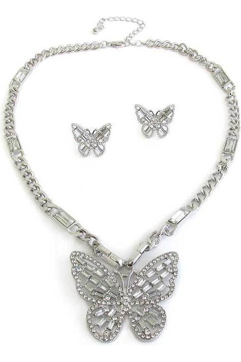 Baguette Butterfly Pendant Necklace and Earring Set