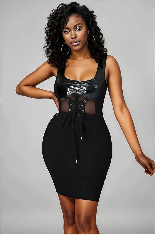 Faux Leather Neckline Lace Up Black Dress