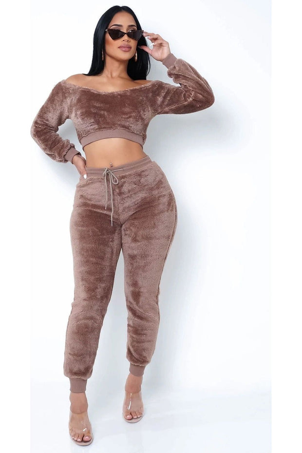 Crop Top Teddy 2pc Pant Set