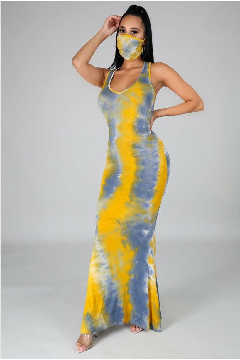 Sunset Evening Maxi Dress w/Mask