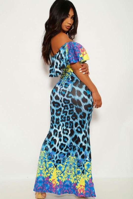 Royal Blue Leopard Print Off The Shoulder Maxi Dress