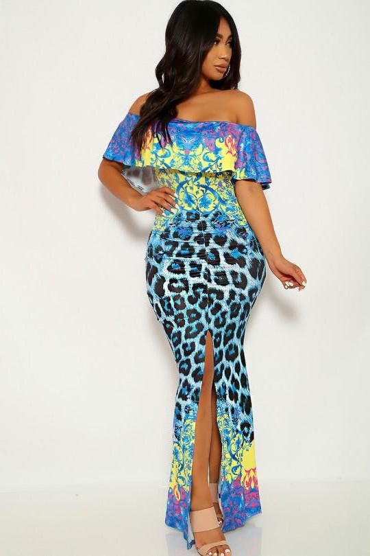 Royal Blue Leopard Print Off The Shoulder Maxi Dress