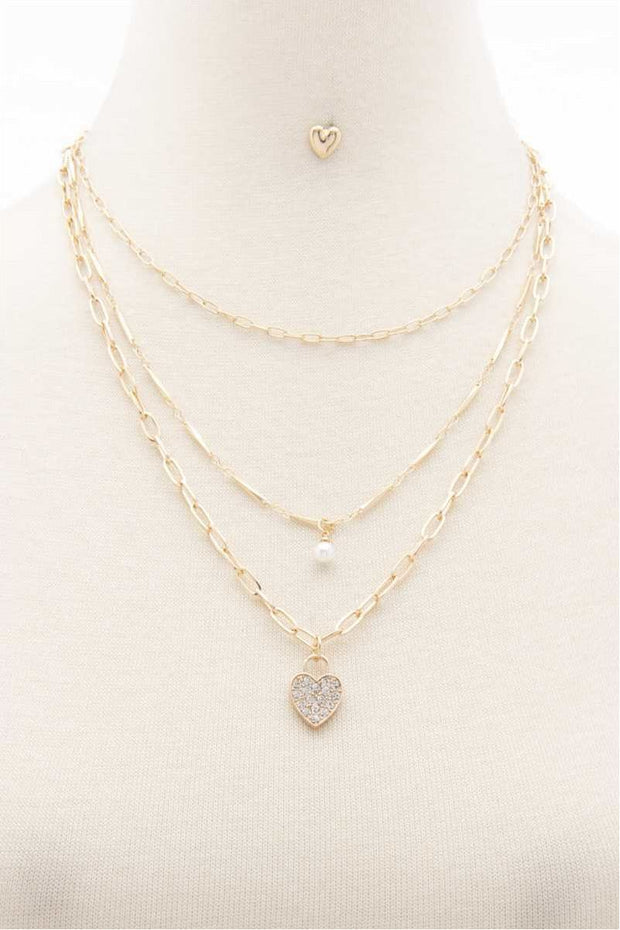 Rhinestone Heart Charm Layered Necklace