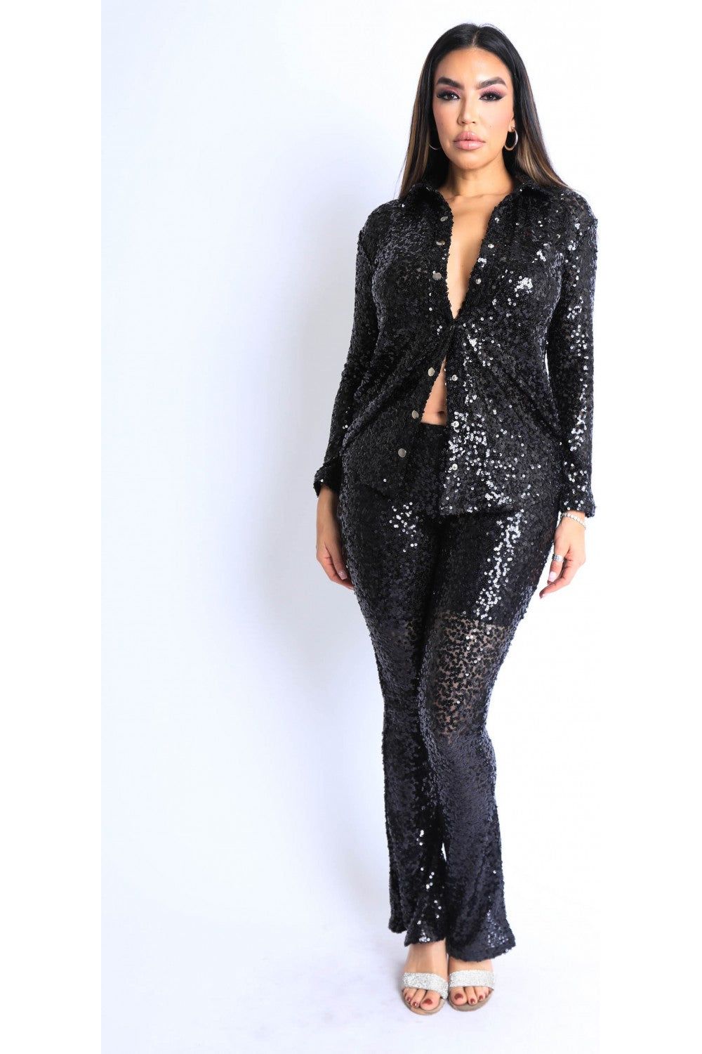 Sequin Button Down Shirt And Pant Set