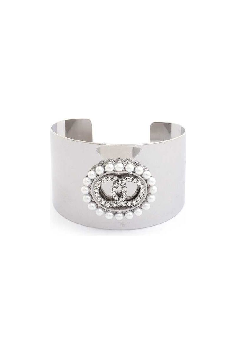 Double Link Rhinestone Pearl Metal Cuff Bracelet