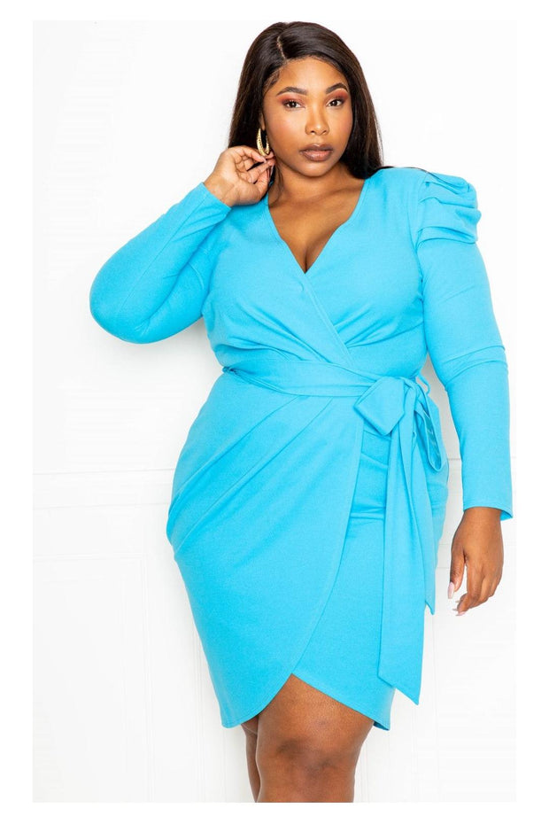 Padded Shoulder Wrap Midi Dress