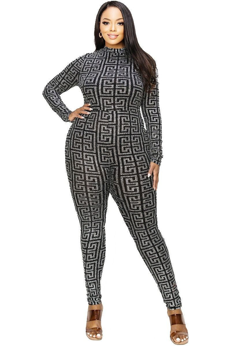 Plus Geo Pattern Glitter Printed Jumpsuit