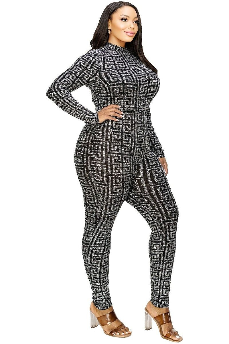 Plus Geo Pattern Glitter Printed Jumpsuit