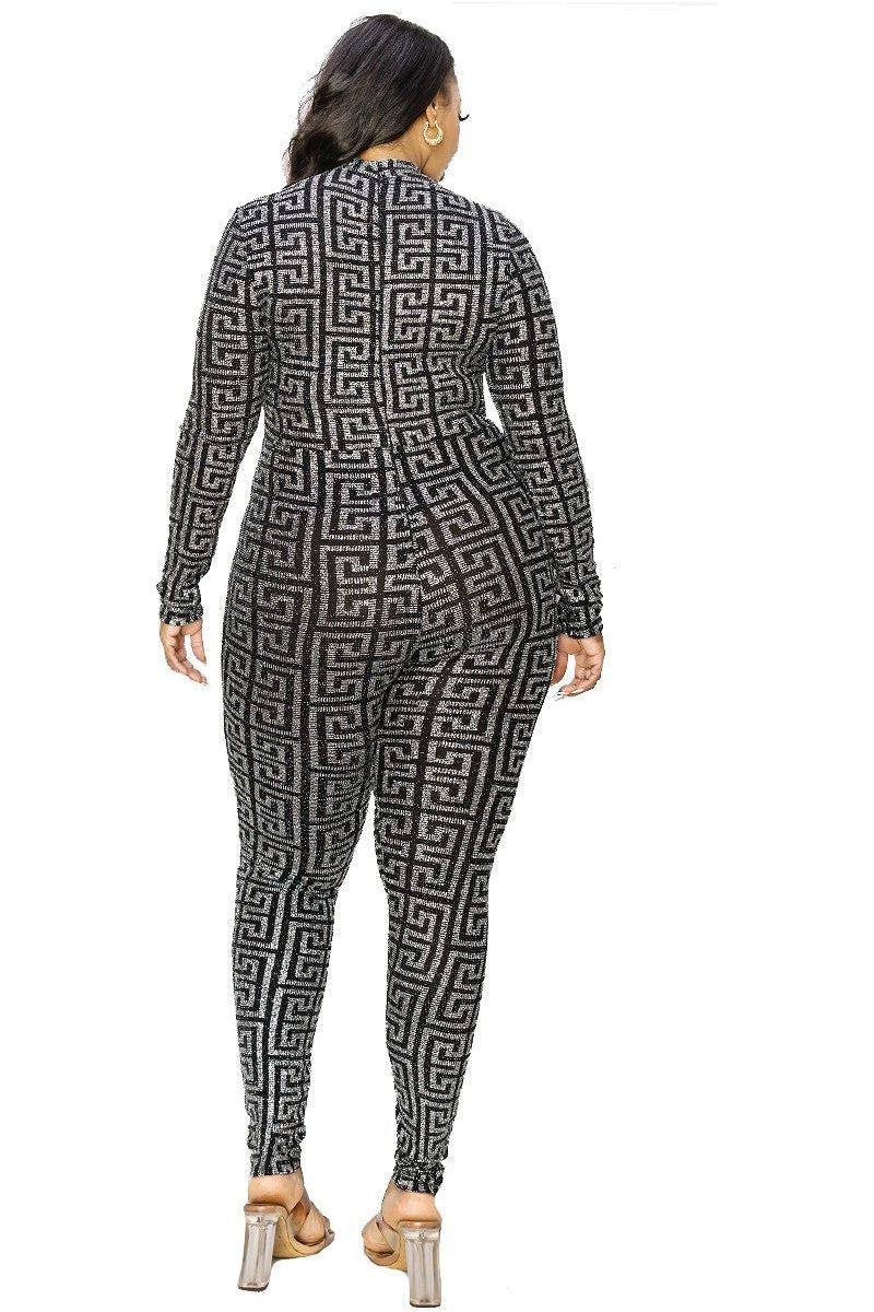 Plus Geo Pattern Glitter Printed Jumpsuit