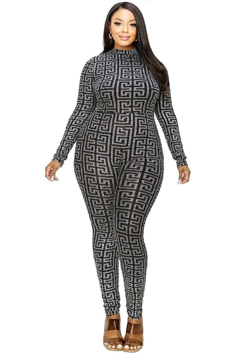 Plus Geo Pattern Glitter Printed Jumpsuit