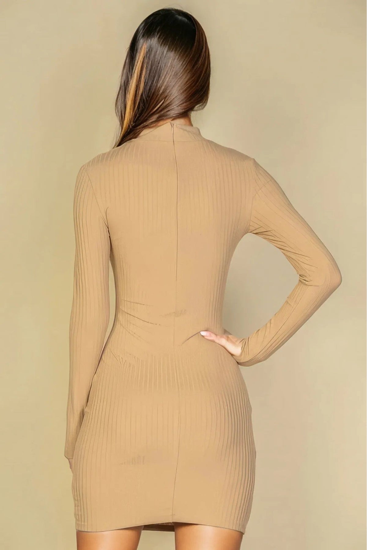 Ribbed Cut Out Front Long Sleeve Bodycon Mini Dress