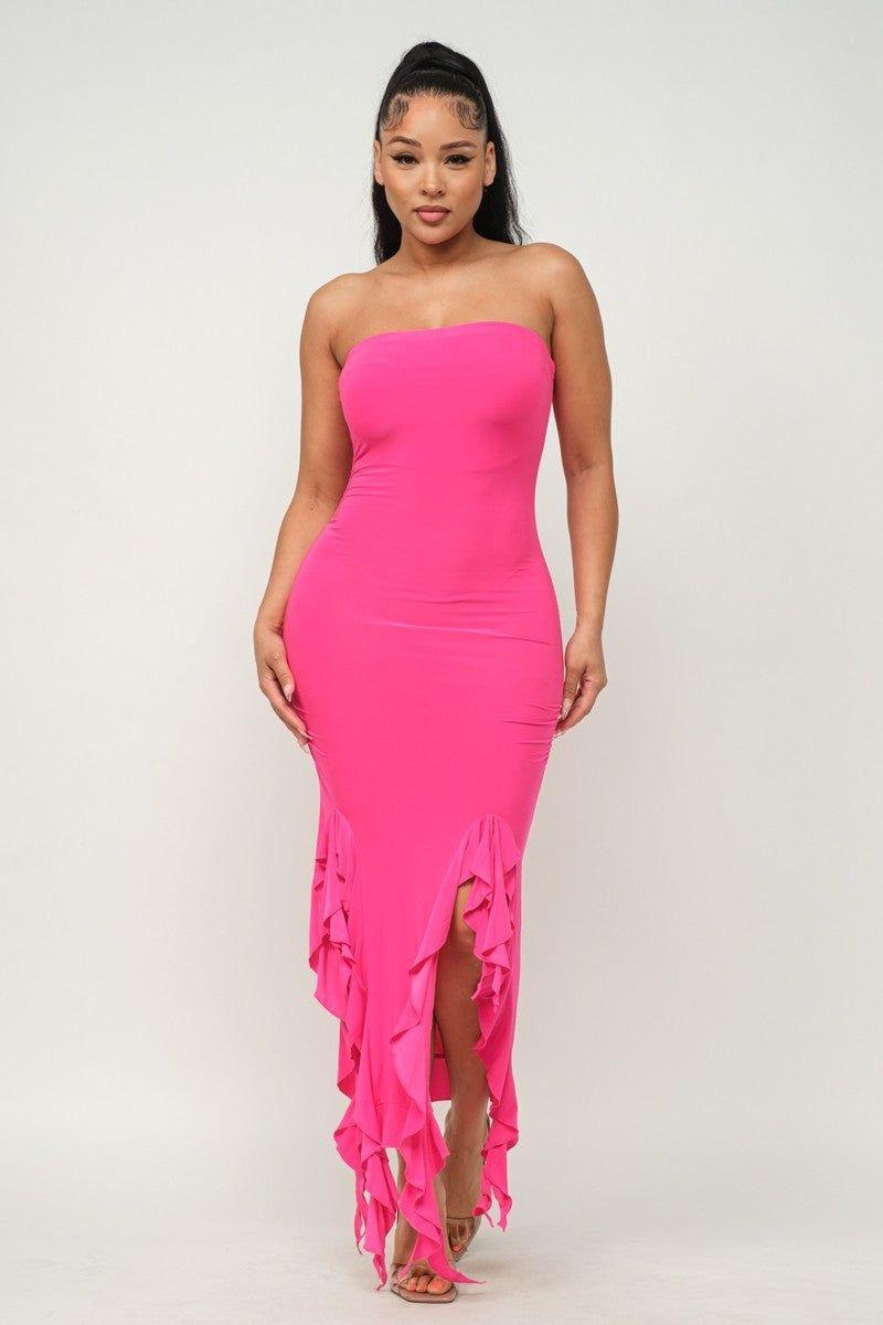 Ruffle Trim Slit Tube Maxi Dress