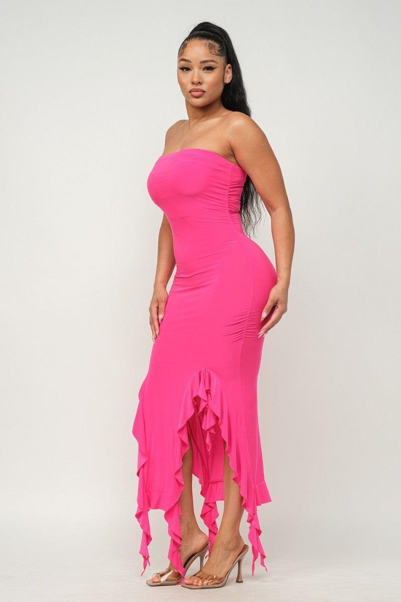 Ruffle Trim Slit Tube Maxi Dress