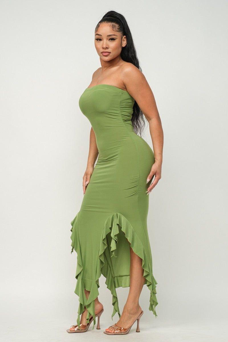 Ruffle Trim Slit Tube Maxi Dress