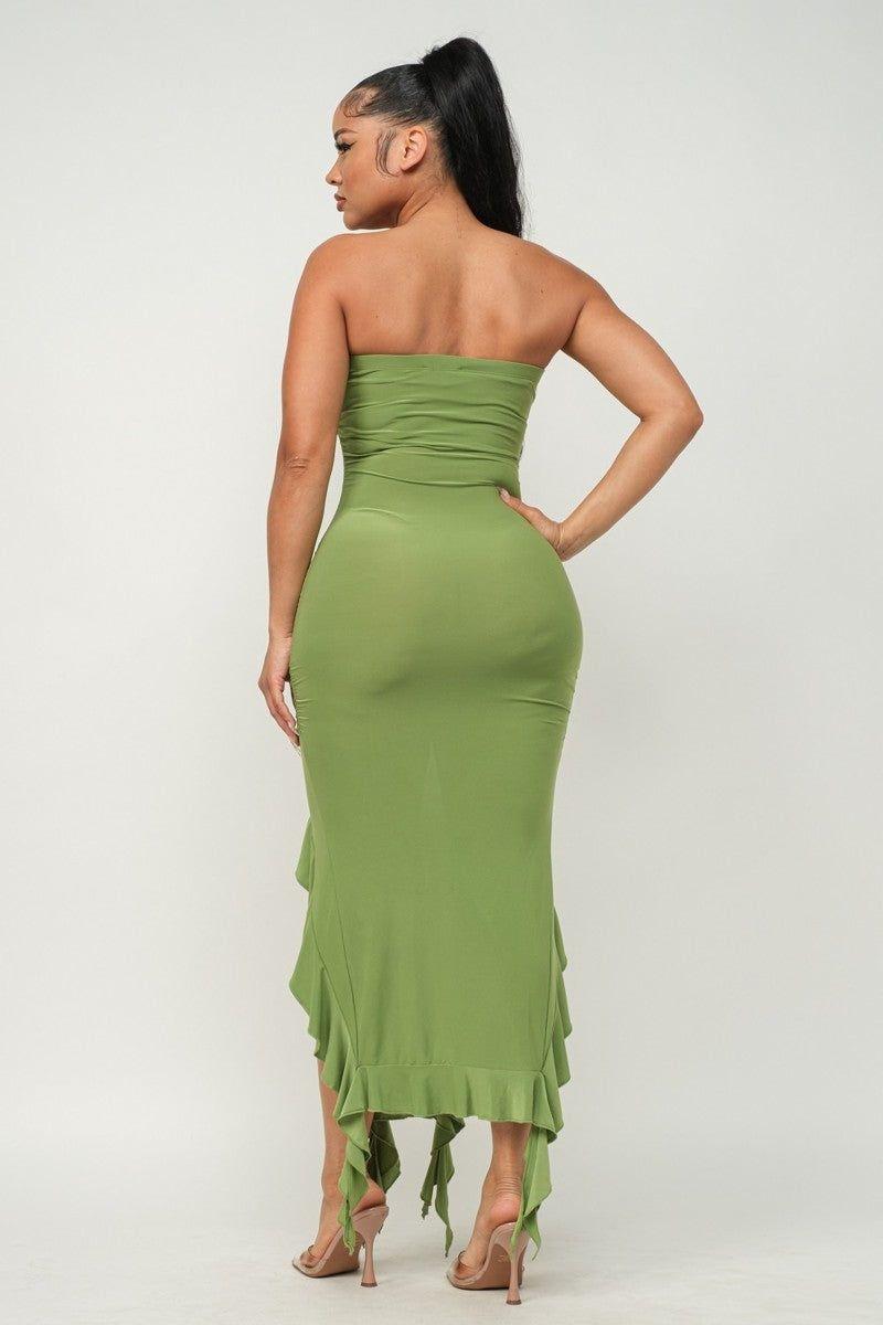 Ruffle Trim Slit Tube Maxi Dress
