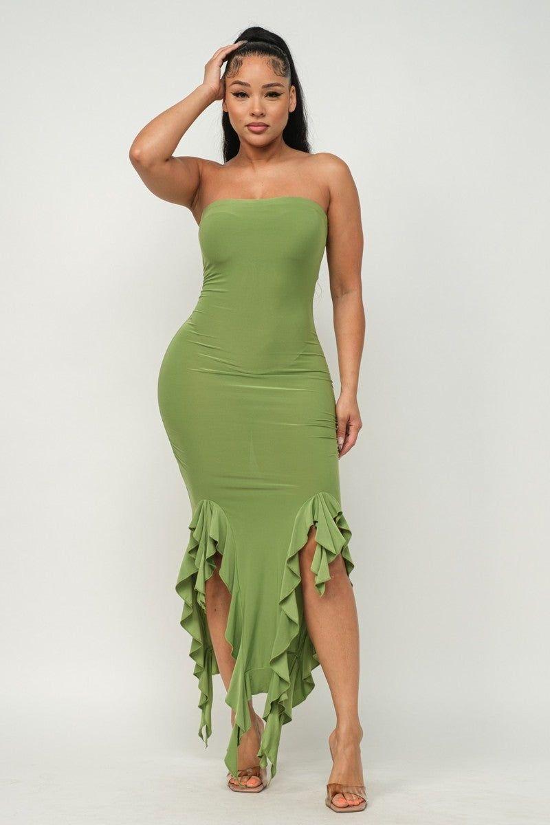 Ruffle Trim Slit Tube Maxi Dress