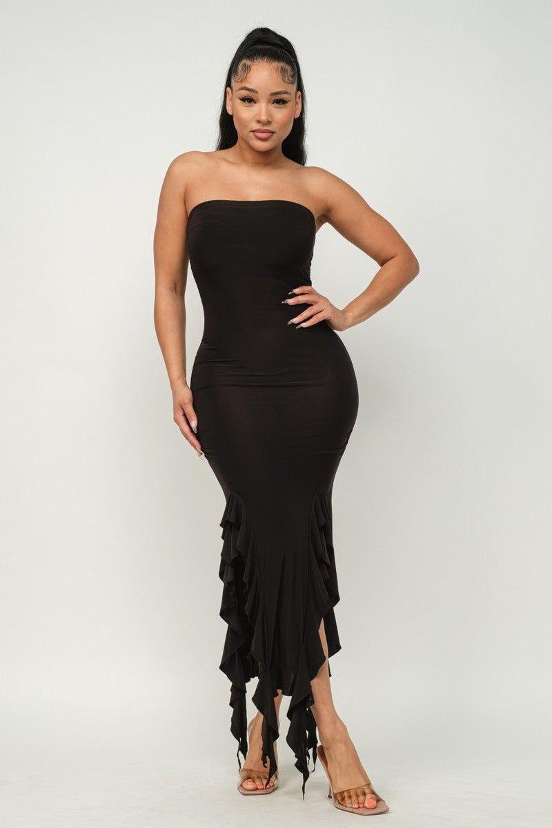 Ruffle Trim Slit Tube Maxi Dress