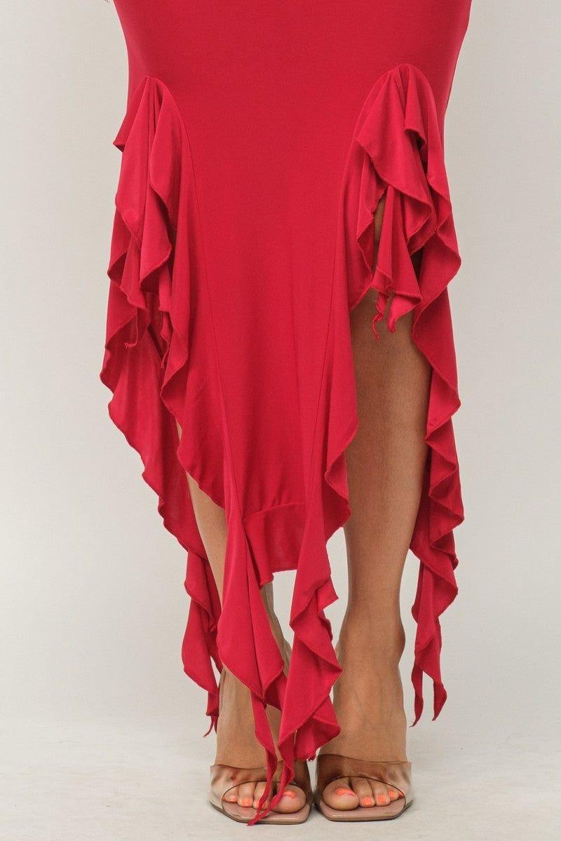 Ruffle Trim Slit Tube Maxi Dress