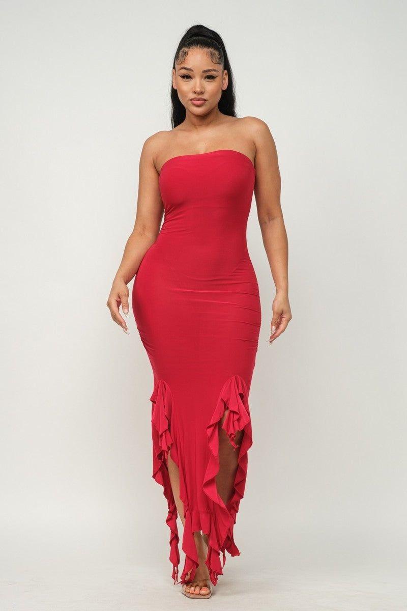 Ruffle Trim Slit Tube Maxi Dress