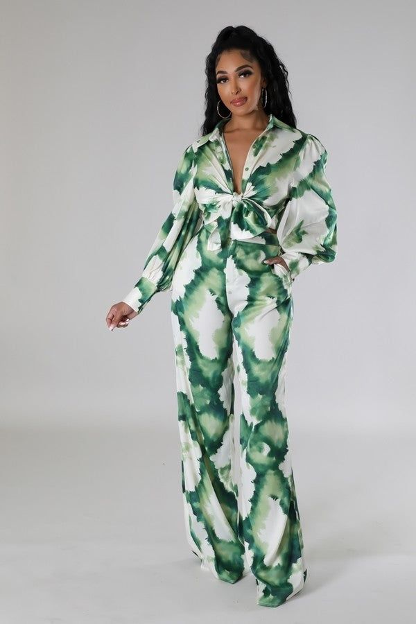 Green Print High Waisted Pants Two Piece Set