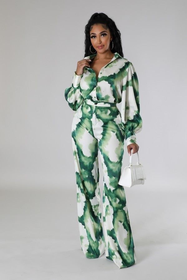 Green Print High Waisted Pants Two Piece Set