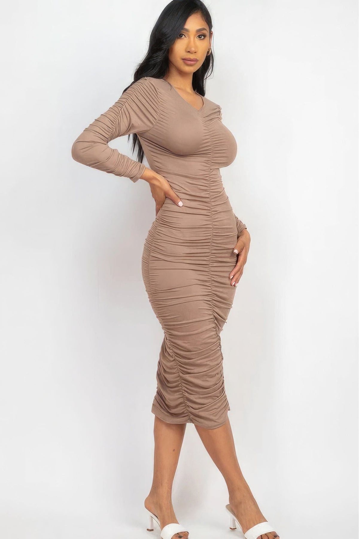 Ruched Long Sleeve Midi Dress