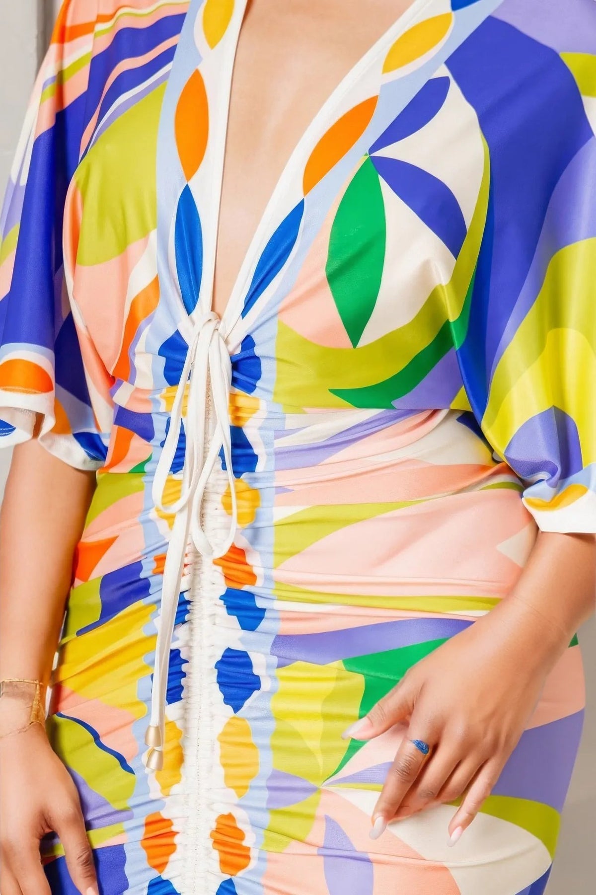 Multicolor Front Ruched V-neck Midi Dress