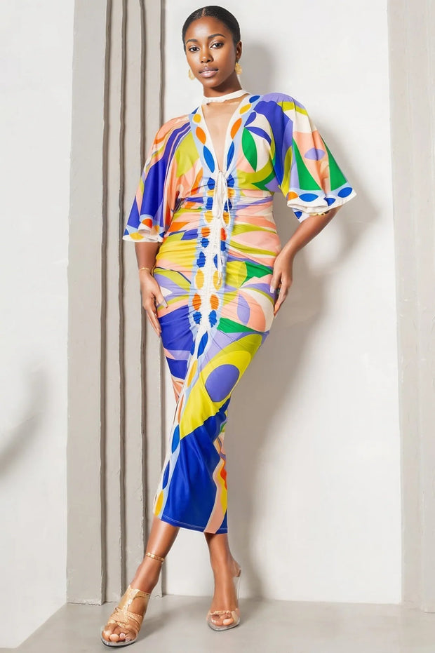 Multicolor Front Ruched V-neck Midi Dress