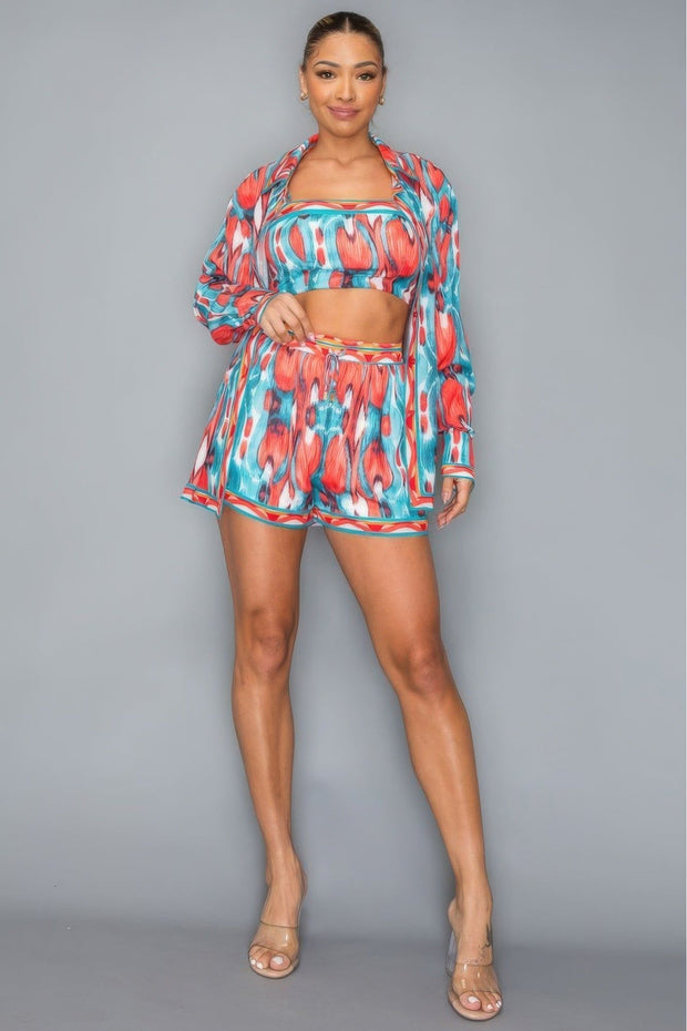 Multi Printed Chiffon Button Down Long Sleeve Shirt/Crop Top/Short 3 Pcs Set