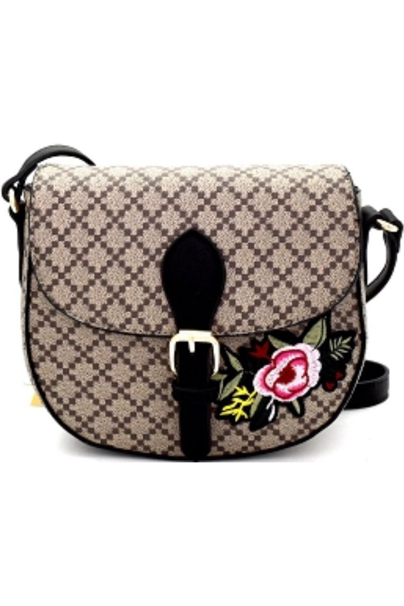 Flower Embroidery Flap Saddle Cross Body Handbag Purse Black/Tan