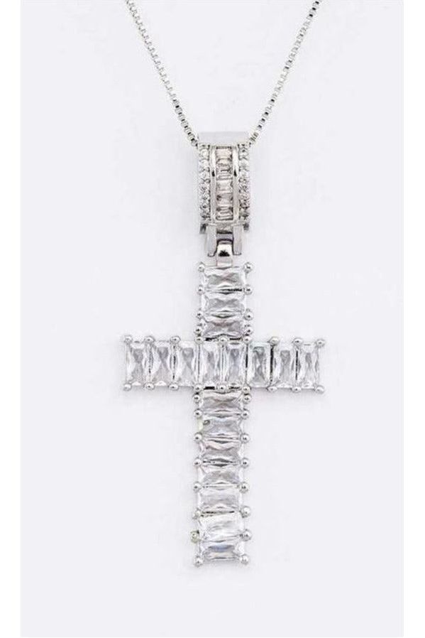 Rhinestone Baguette Cross Pendant Necklace